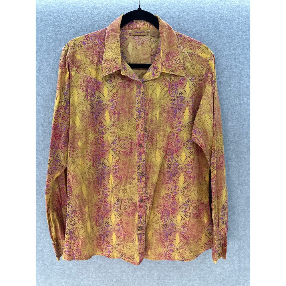 Wrangler Women's sz L VTG Inspired Snap Shirt Mustard Purple Print Western BOHO